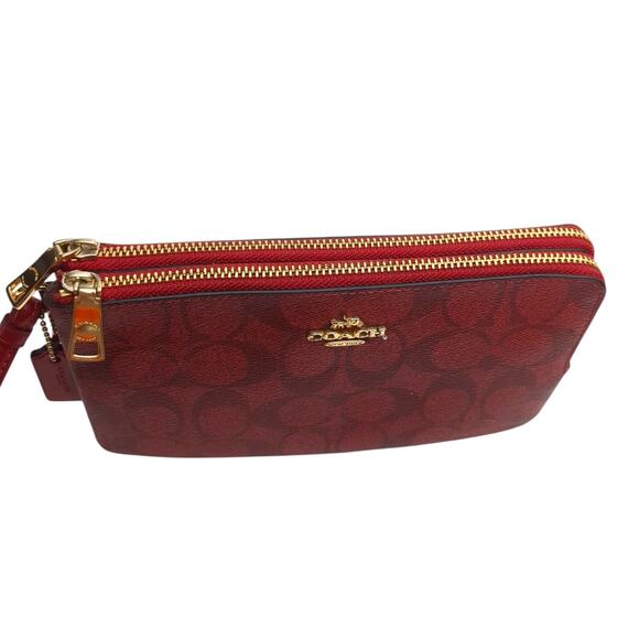 Coach Dark Red Signature Double Zip Leather Wristlet Wallet 5" x 8" - Picture 5 of 7